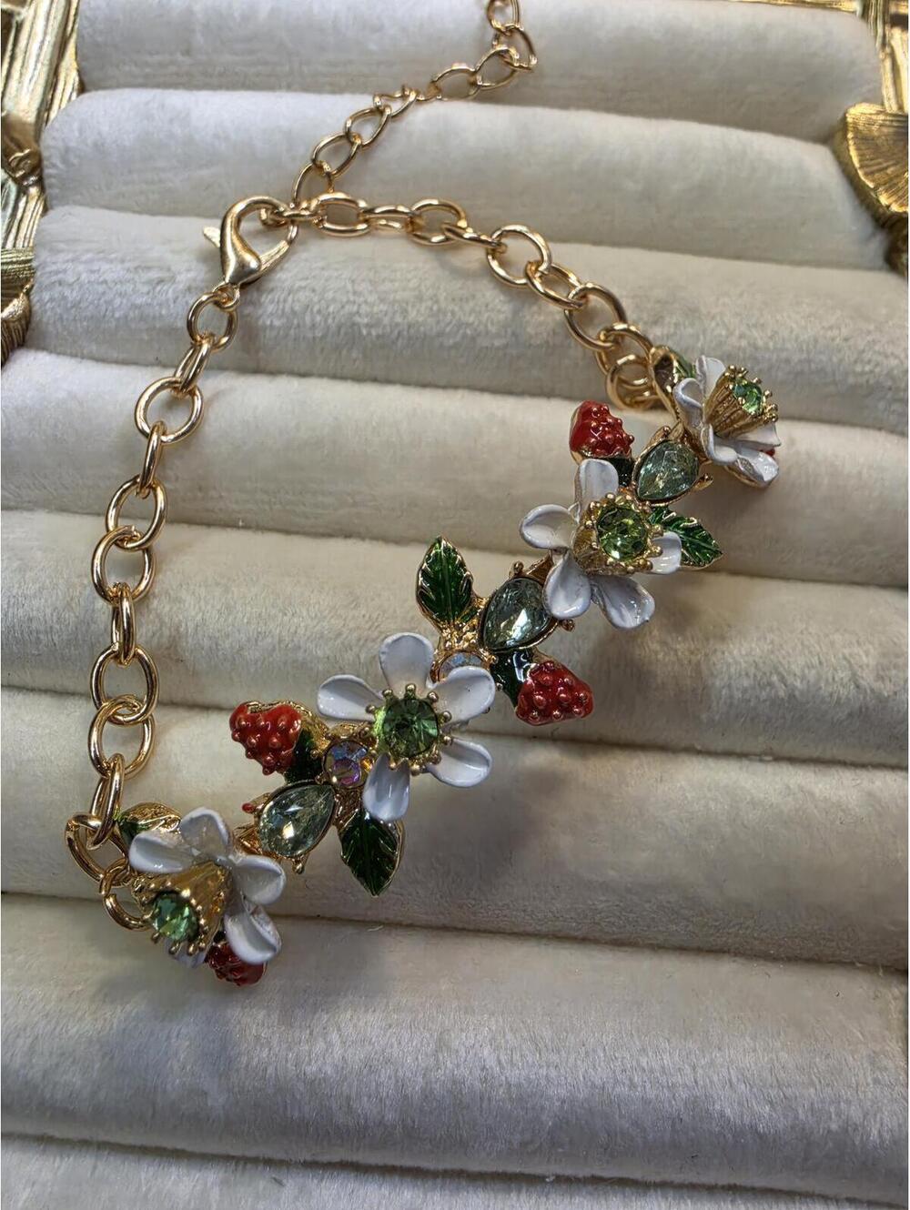 Floral and Strawberry Charm Gold Tone Bracelet